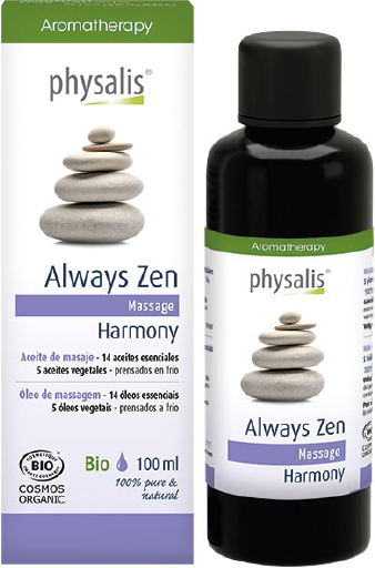 Encontre a serenidade com Physalis Always Zen e a sua sinergia de 14 óleos essenciais. Contém, entre outros, óleo essencial de alfazema, lavandin, tangerina verde, bergamota, ravintsara e manjerona. 