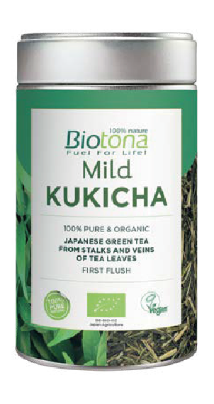Biotona Bio Kukicha é um chá produzido a partir das hastes e nervuras (torradas) das folhas de chá que, segundo a tradição, são colhidas no início de maio (primeira colheita). Este chá tem um sabor doce, suave e cheio de personalidade, adequado tanto para as crianças como para o adultos.