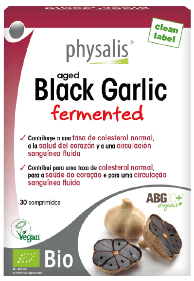 Physalis Black Garlic bio contém ABG10+®, um extrato de alho de nova geração produzido a partir de alho fermentado espanhol de elevada qualidade.