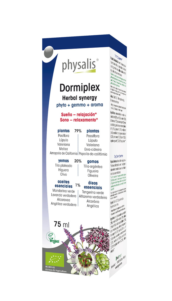 Physalis Dormiplex bio contém as plantas: valeriana, passiflora, erva-cidreira, papoila-da-califórnia e tília-argêntea que contribuem para relaxar e reencontrar o sono, de forma natural.