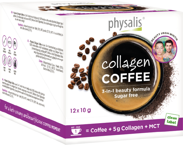 Physalis Collagen Coffee é uma mistura instantânea 3 em 1 de um delicioso café 100% arábica, péptidos de colagénio (de origem marinha) facilmente assimiláveis e de TCM (triglicéridos de cadeia média) de pó de coco. A cafeína natural no café promove a atenção e concentração. 