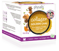 Physalis Collagen Golden Chai é uma mistura instantânea 3 em 1 de deliciosas especiarias chai (curcuma, gengibre, canela, cardamomo e anis), péptidos de colagénio (de origem marinha) facilmente assimiláveis e de pó de TCM (triglicéridos de cadeia média) de coco.  