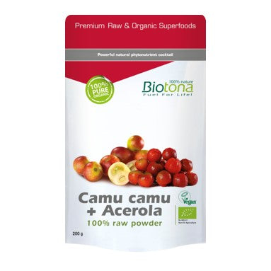 Biotona Bio Camu camu + Acerola Raw é uma mistura 100% biológica de acerola e camu camu em pó. 