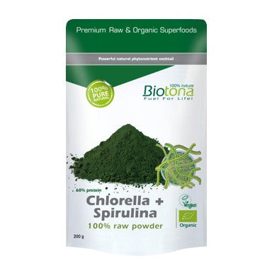  Biotona Bio-Chlorella e Spirulina em Pó é derivado de algas de cultivo 100% biológico. Após a colheita, as algas são desidratadas por meio de um processo superior de secagem, para que o seu valor nutricional total seja mantido.