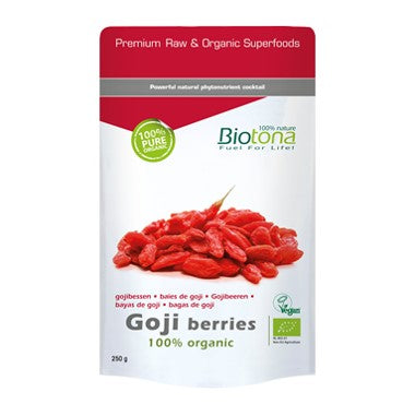 As bagas de Goji Biotona são cultivadas na China, de modo 100% biológico, são colhidas manualmente, e cuidadosamente selecionadas e monitoradas em termos de cor e  de qualidade.